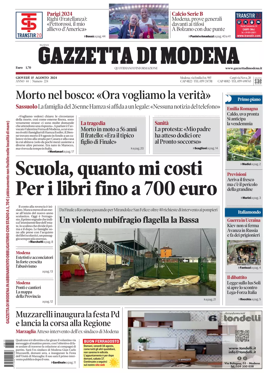 Prima-pagina-gazzetta di modena-oggi-edizione-del-2024-08-15